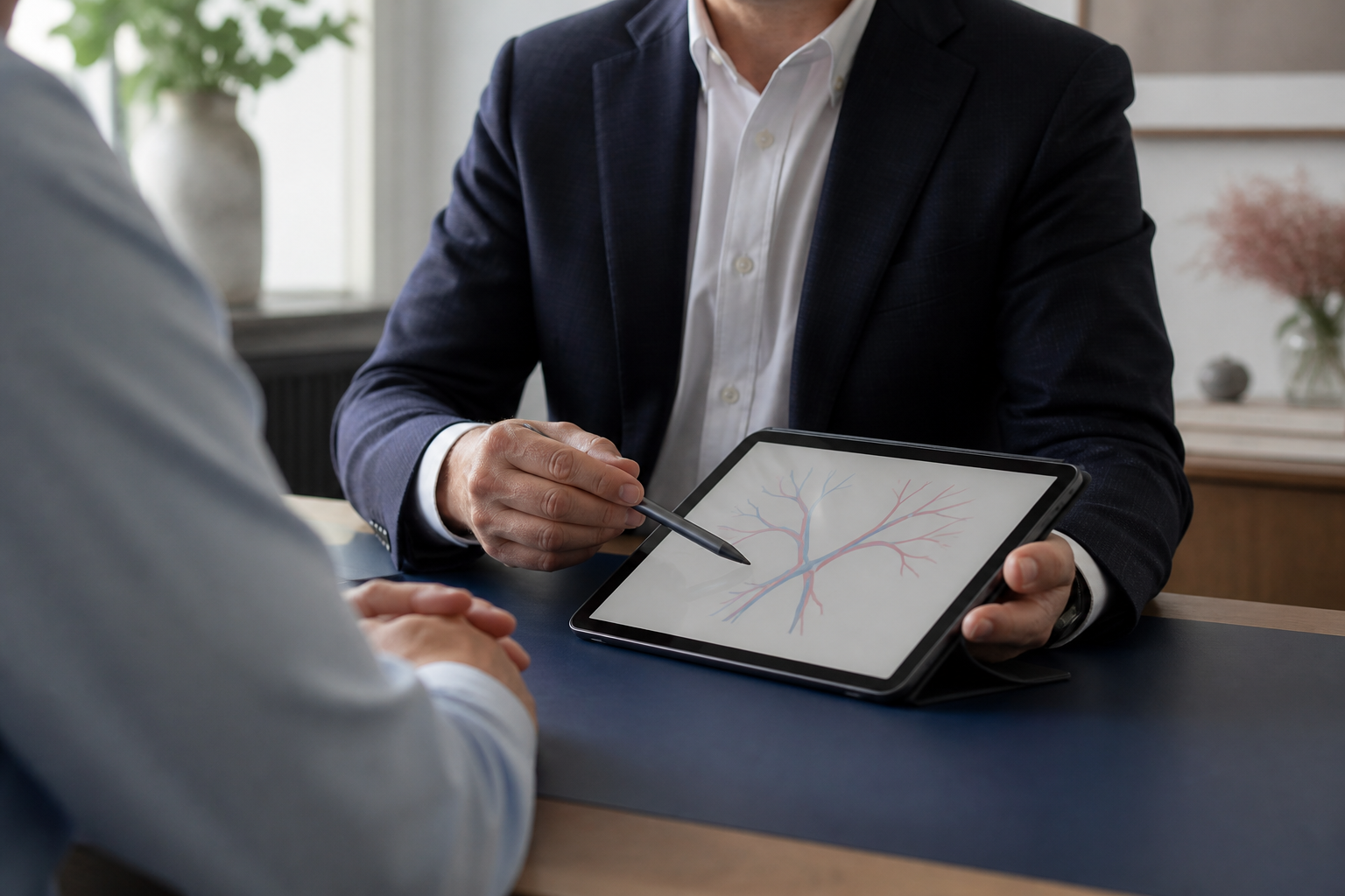 Specialist explaining a vascular diagram during a hemorrhoids consultation
