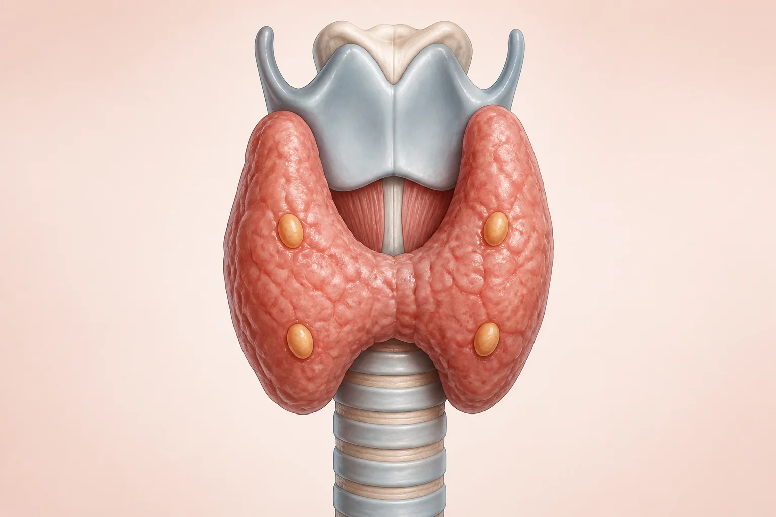 Medical illustration showing four parathyroid glands on the thyroid gland
